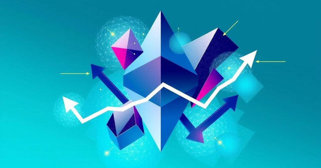 Ethereum network activity with bull and bear trends represented through abstract geometric shapes and a vibrant blue-green palette.
