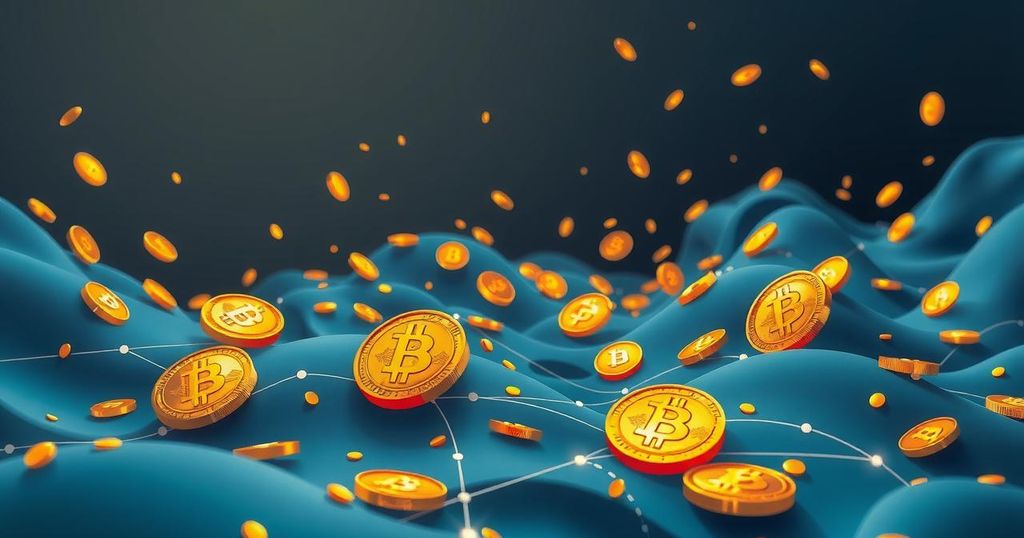 A futuristic Bitcoin illustration featuring gold coins in a digital landscape with muted blue hues.