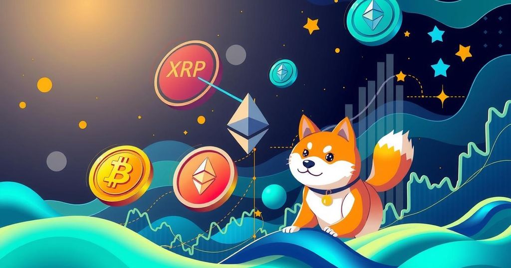 A symbolic representation of the crypto market showcasing XRP, Ethereum, Shiba Inu and MAGACOIN FINANCE with dynamic graphs and financial motifs.