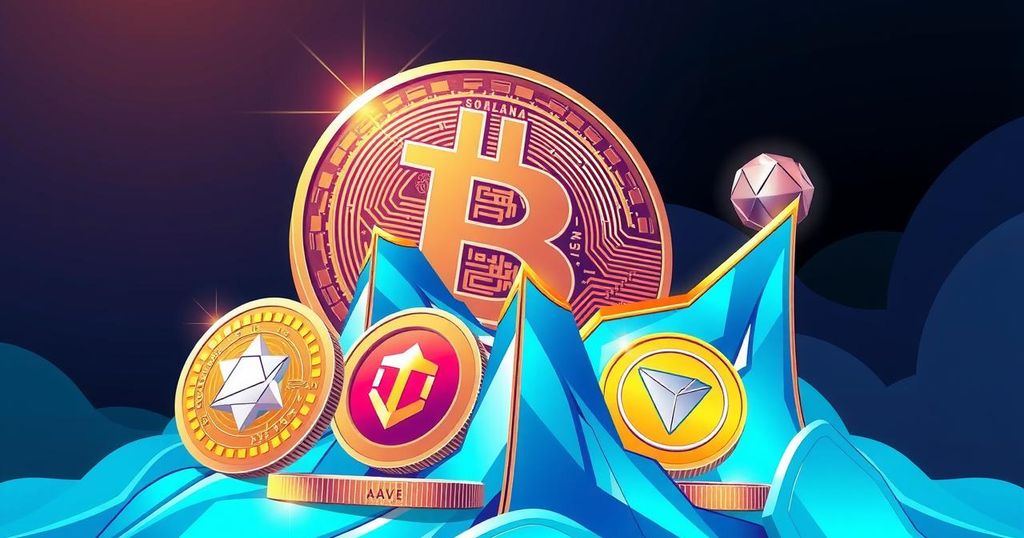 Stylised digital art of altcoins rising amidst a backdrop of Bitcoin, symbolising crypto market trends.