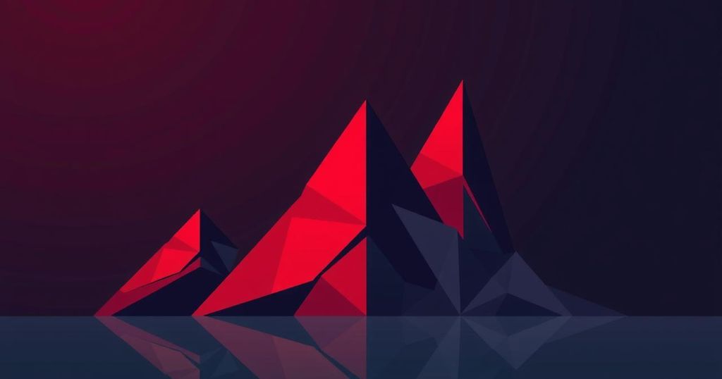 A digital illustration representing a downward trend in Bitcoin prices, featuring geometric shapes and a bearish colour palette.
