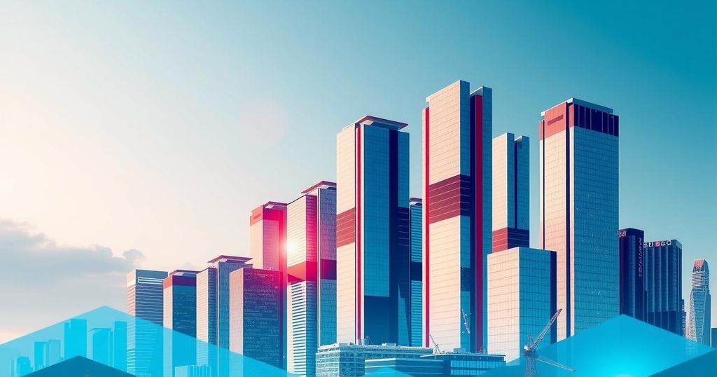 A bustling city skyline with modern buildings, reflecting growth and innovation in cryptocurrency IPOs, under a blue-grey sky.
