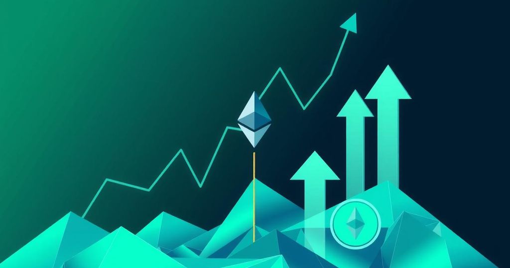 Ethereum price prediction graphic with bullish trend line and digital currency icons in green and blue hues.