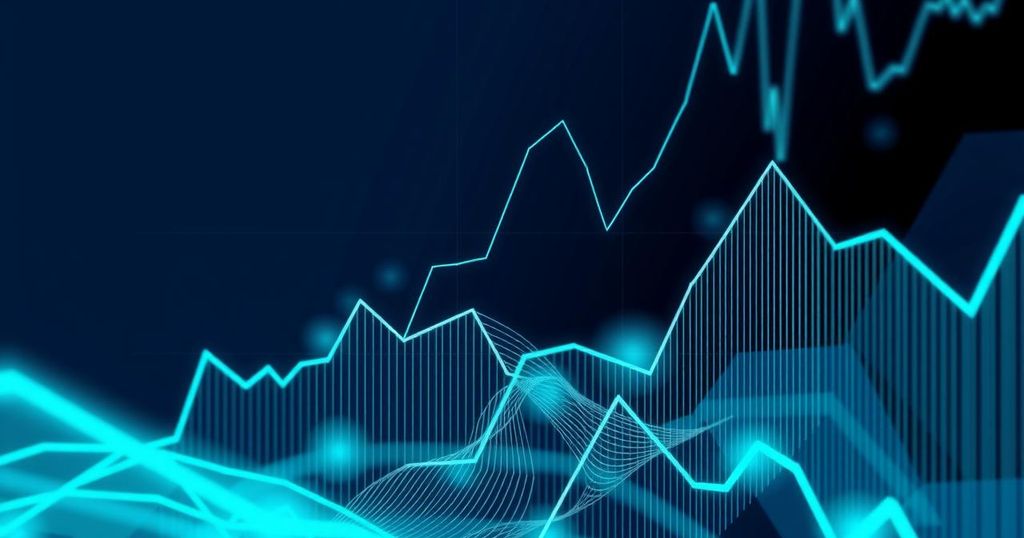 A digital artwork illustrating fluctuating cryptocurrency trends with abstract lines and geometric patterns in blue and green.