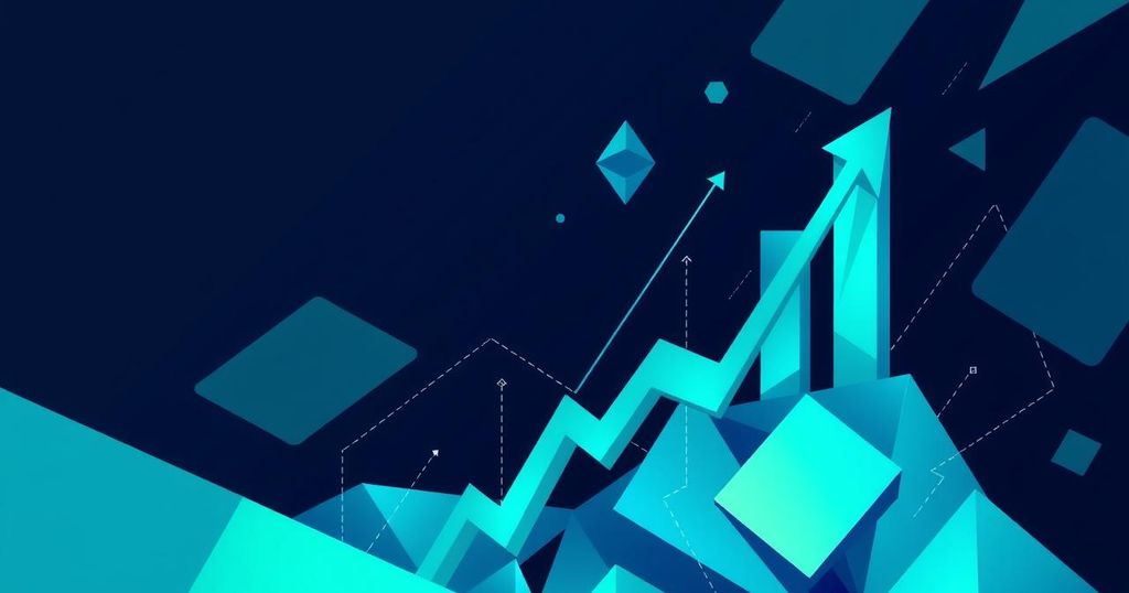 Abstract representation of Ethereum's market recovery with geometric patterns in blue and green tones