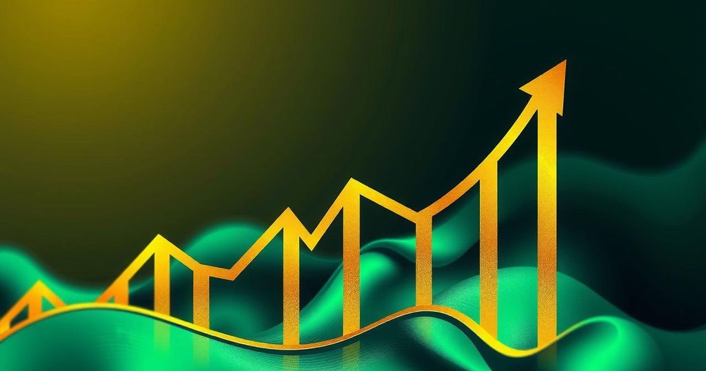 A dynamic representation of Bitcoin's price movement with upward trend lines and a supportive background.
