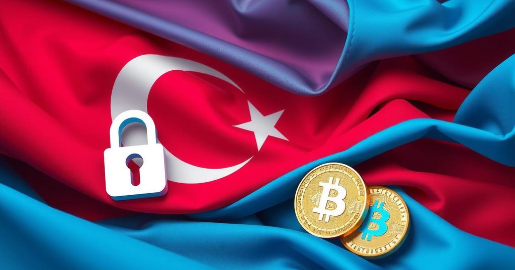 Visual representation of crypto regulations with symbols of locks and coins on a Turkish flag background.