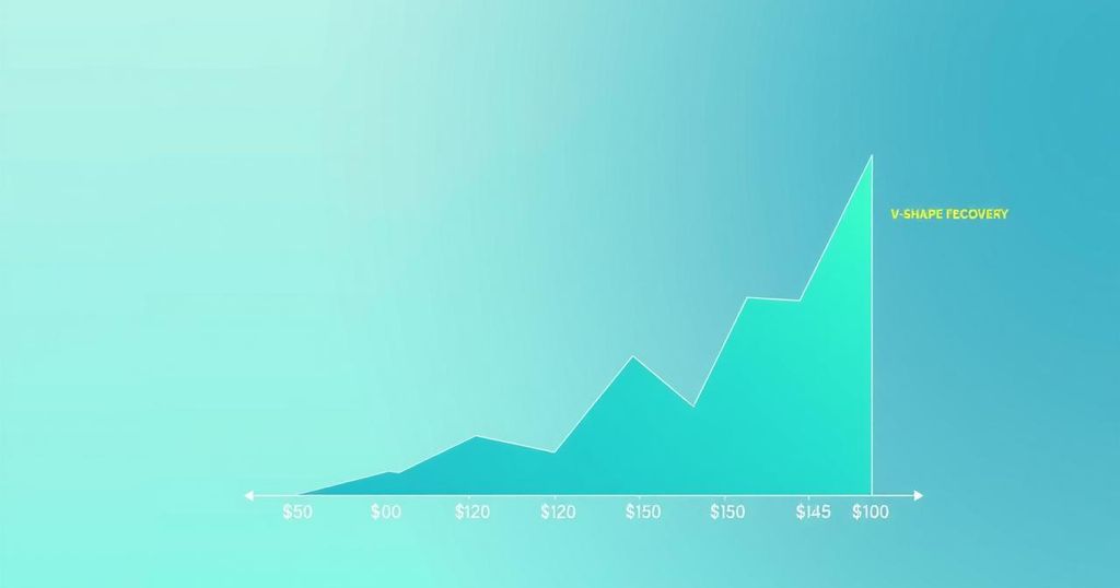 V-shape recovery chart of cryptocurrency with green and blue gradient outlining key price levels and trends