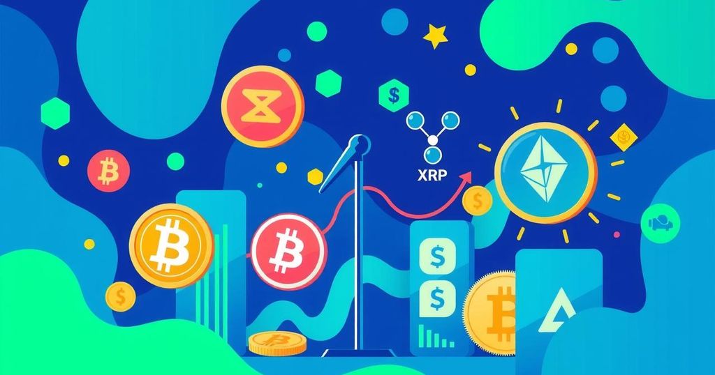 A vibrant and dynamic crypto market illustration featuring symbols of Bitcoin, XRP, and Solana with a blue and green colour scheme.