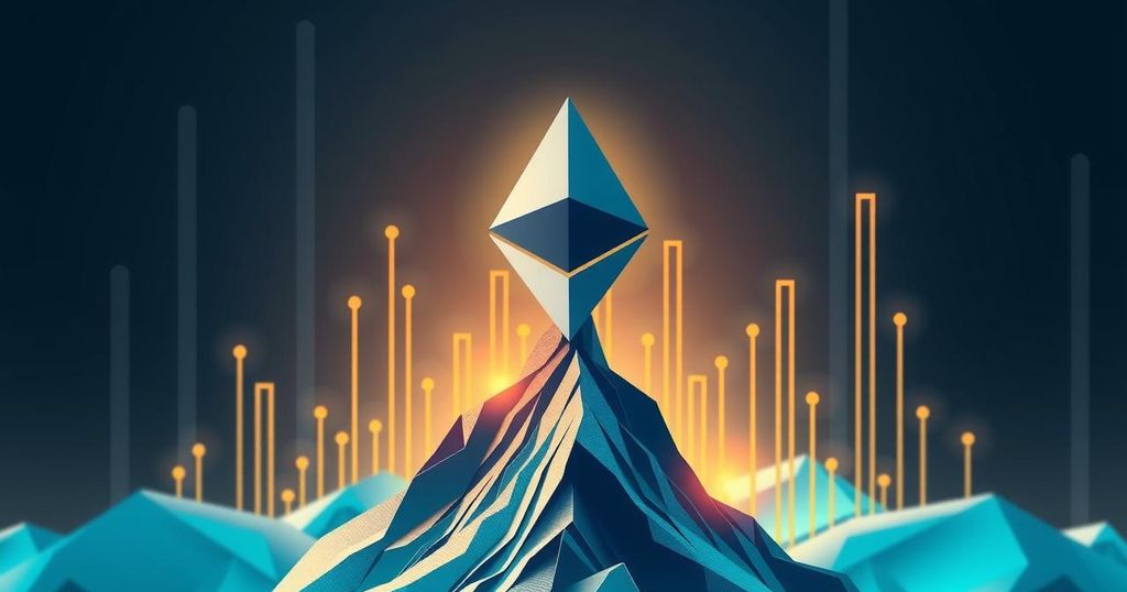 Ethereum's logo emerging from a blockchain background, depicting growth and strength against Bitcoin's shadow, in vibrant colors.