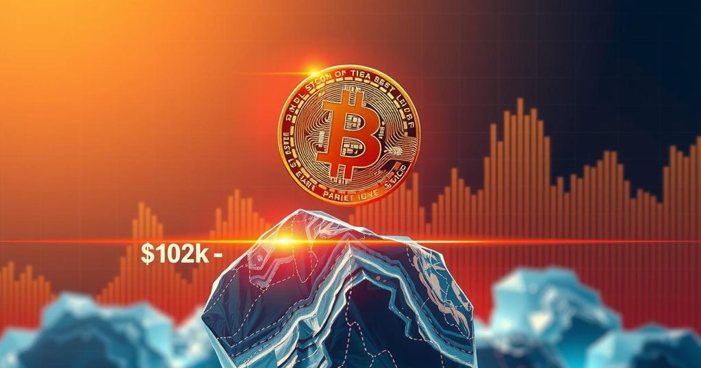 A digital representation of Bitcoin hovering above $102K amidst a fluctuating graph, symbolising market dynamics.