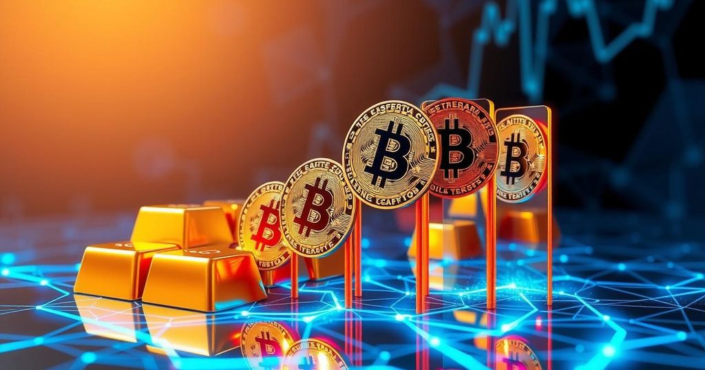 Abstract digital representation of Bitcoin soaring, contrasted with declining gold bars showcasing investment trends.