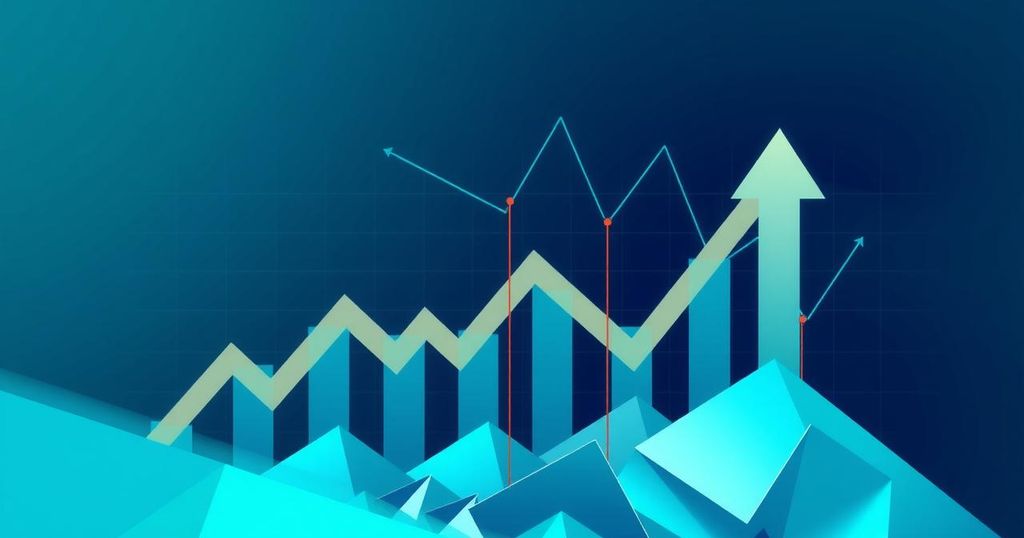 Abstract Bitcoin market trends with declining graphs and bullish arrows, in blue and green tones, geometric style.