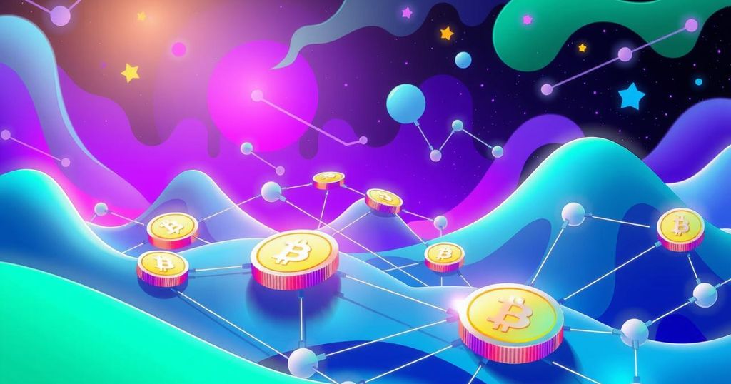 A digital artwork illustrating a futuristic crypto landscape with vibrant colours representing innovation and engagement.