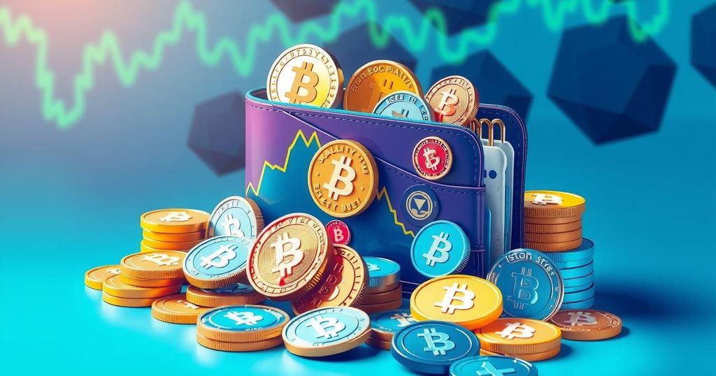A digital wallet overflowing with coins symbolizing cryptocurrency growth, emphasising bullish market sentiments.