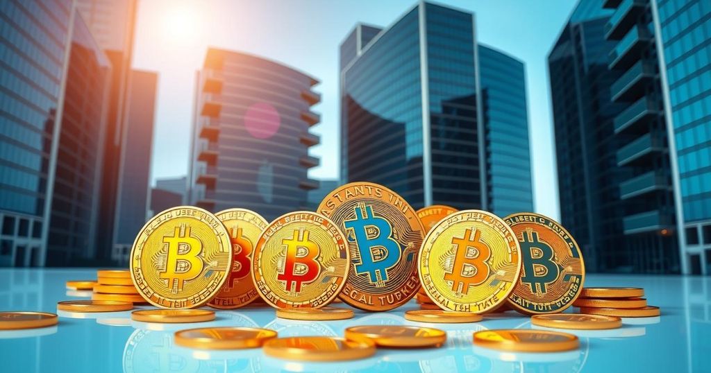 A digital rendering of Bitcoin coins amidst corporate buildings, symbolizing corporate investment in cryptocurrency, bright colours.