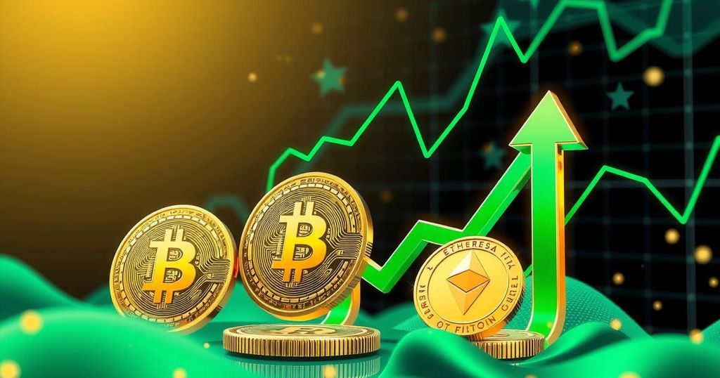 A vibrant digital artwork depicting cryptocurrency symbols in a rising market with a dynamic background.