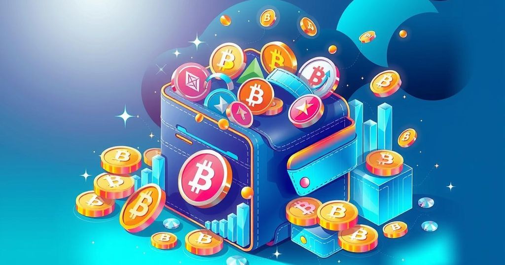 An abstract representation of cryptocurrencies with a digital wallet and coins, featuring vibrant colours and geometric patterns.
