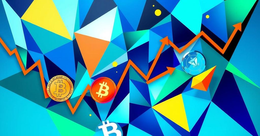 Abstract representation of cryptocurrency trends with vibrant colours and geometric shapes, illustrating market dynamics and exchanges.