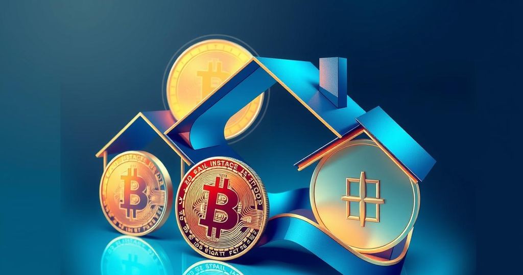 Abstract representation of cryptocurrency as a mortgage asset, featuring digital coins and house elements in blue and gold tones.