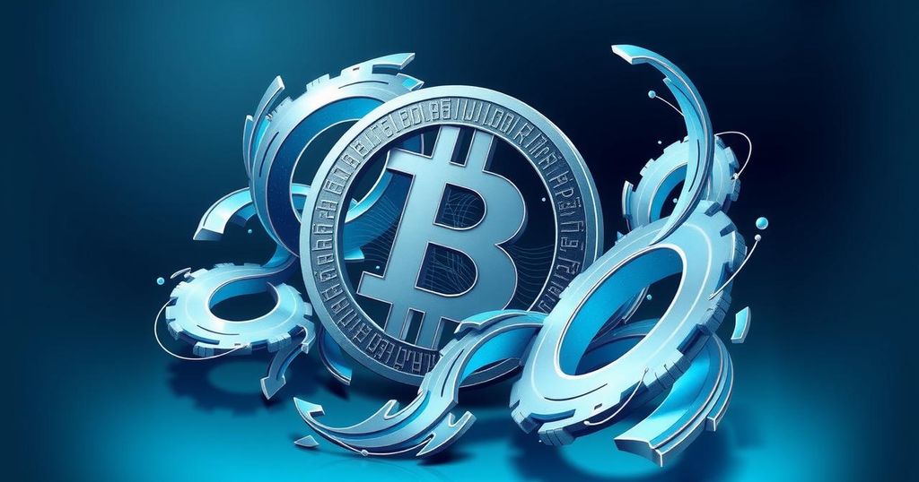 A digital artwork showing Bitcoin symbol amidst abstract waves reflecting market volatility, in cool blue and silver tones.