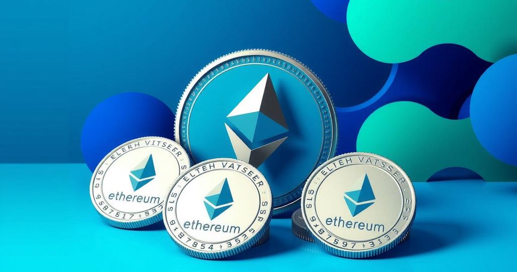 A digital representation of Ethereum tokens arranged artistically with a blue and green colour scheme, hinting at crypto financial growth.