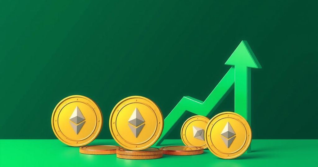 A dynamic representation of cryptocurrency rise with green upward arrows and coins symbolising Ethereum's growth.