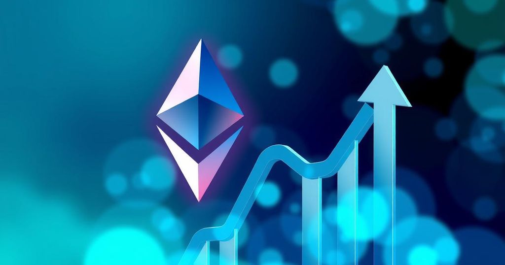 Abstract digital art depicting Ethereum's price fluctuations, with bullish and bearish elements in blue and green hues.