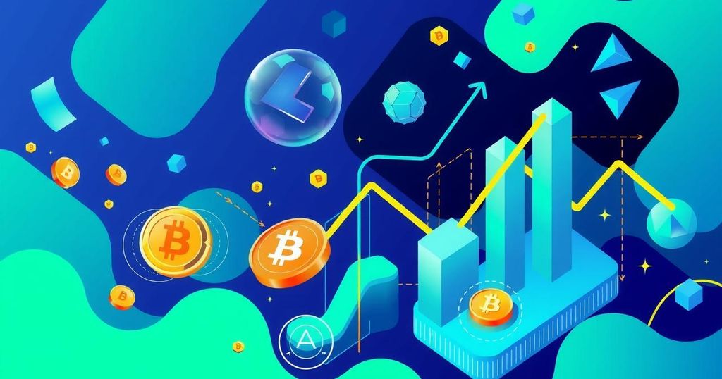 A dynamic visual representation of cryptocurrency investment trends with vibrant colours and abstract financial elements.