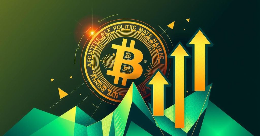 An abstract illustration symbolizing Bitcoin's rise amidst political turmoil, featuring bullish trends and digital gold elements.