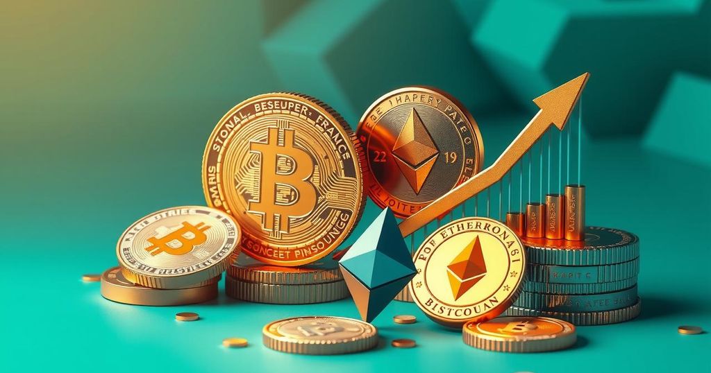 A digital art piece of various cryptocurrencies like Bitcoin and Ethereum symbolising price rises, in vibrant colours.