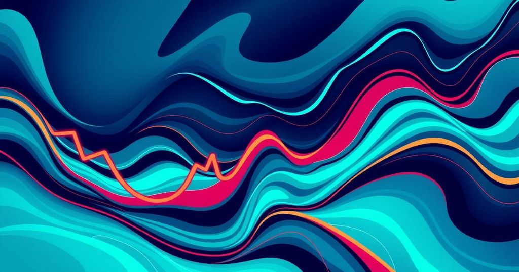 Abstract representation of a cryptocurrency market surge with dynamic lines and vibrant colours.