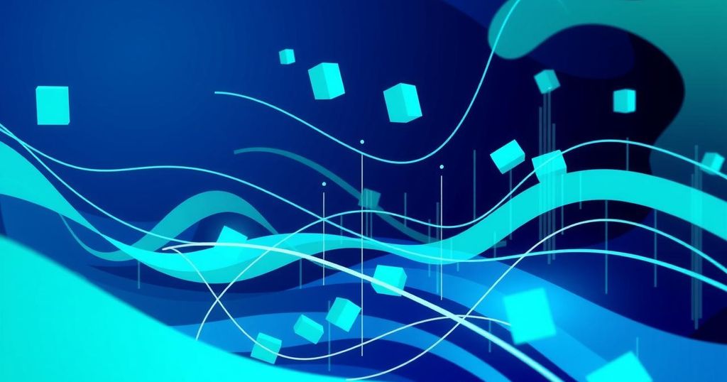Abstract digital art illustrating crypto trading trends with vibrant blue and green colour scheme.