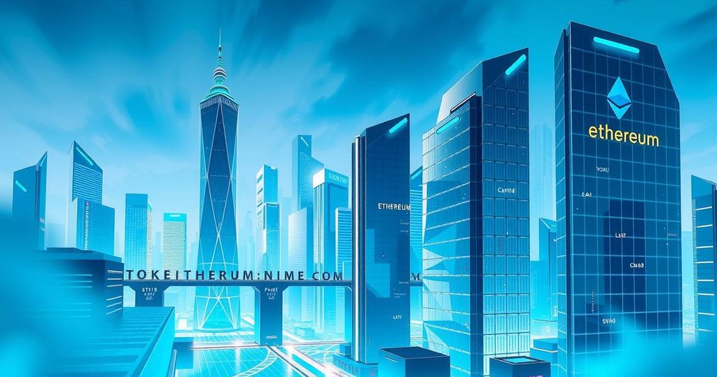 Futuristic cityscape representing Ethereum and tokenized finance with vibrant blue and green colours.
