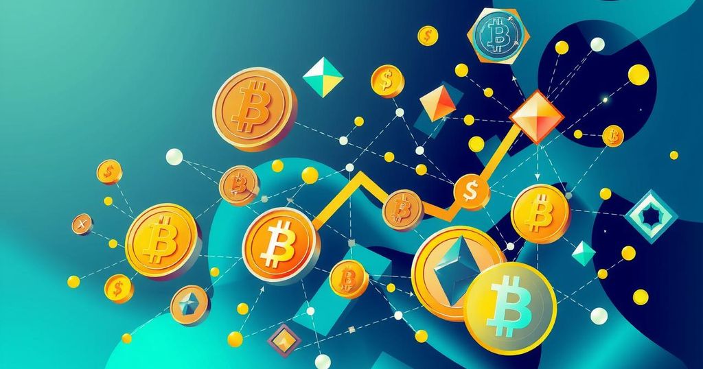 Abstract crypto-themed artwork featuring digital currency symbols and bright geometrical shapes.