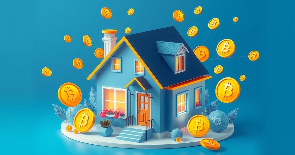 A conceptual representation of cryptocurrency integration in the housing market, featuring a house and digital currency symbols.
