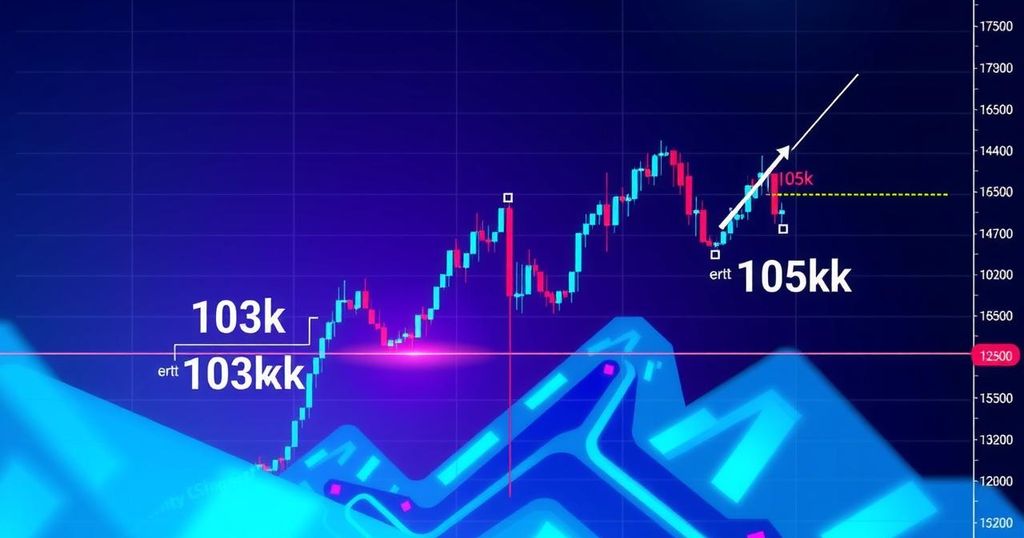Bitcoin trading chart showing price levels near key support around 103K and resistance at 105K in a dynamic style.