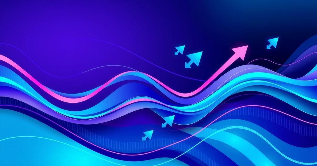 A colourful abstract representation of cryptocurrency market trends, featuring waves and arrows in blue and purple hues.