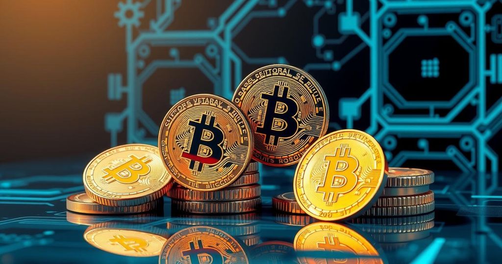Abstract digital artwork featuring Bitcoin coins, a tech-inspired background, and a blend of gold and blue tones.