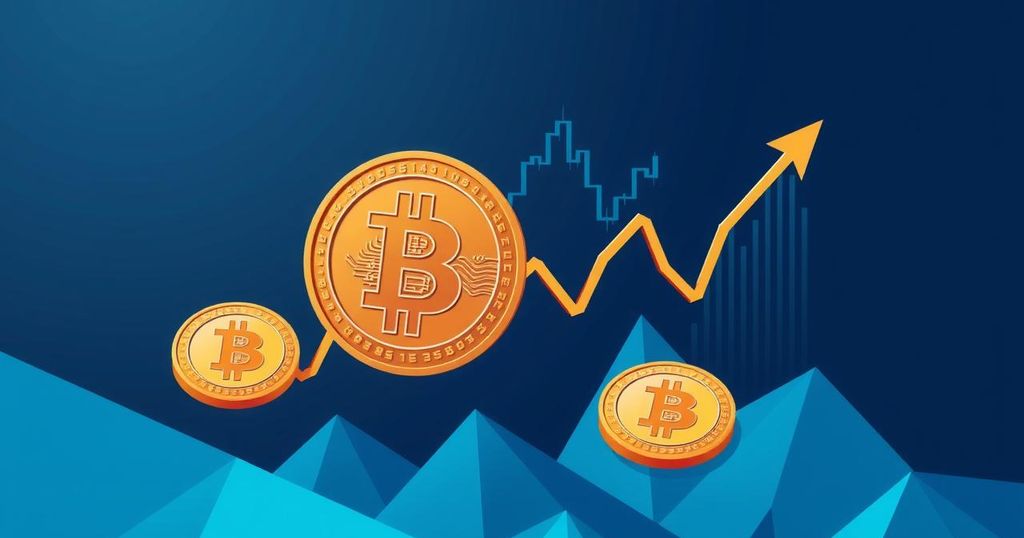 A digital currency chart symbolising Bitcoin's price movement and market trends in a modern art style with a blue and gold colour scheme.