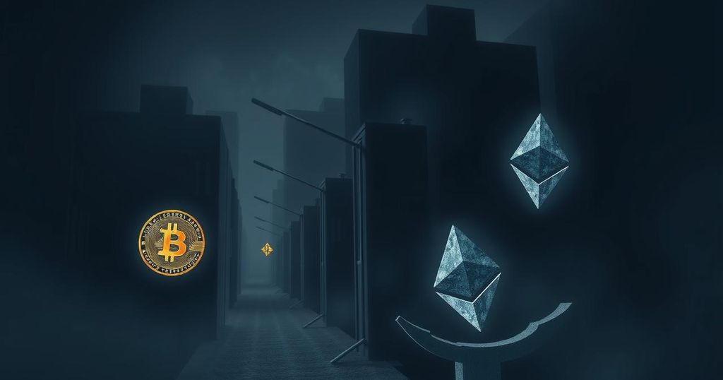 A dark urban setting with cryptocurrency symbols, ominous shadows, and a subtle hint of danger, using a minimalist style.