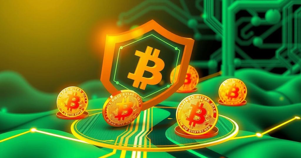 An illustration of a secure digital environment with Bitcoin symbols and a locked padlock, representing online safety.