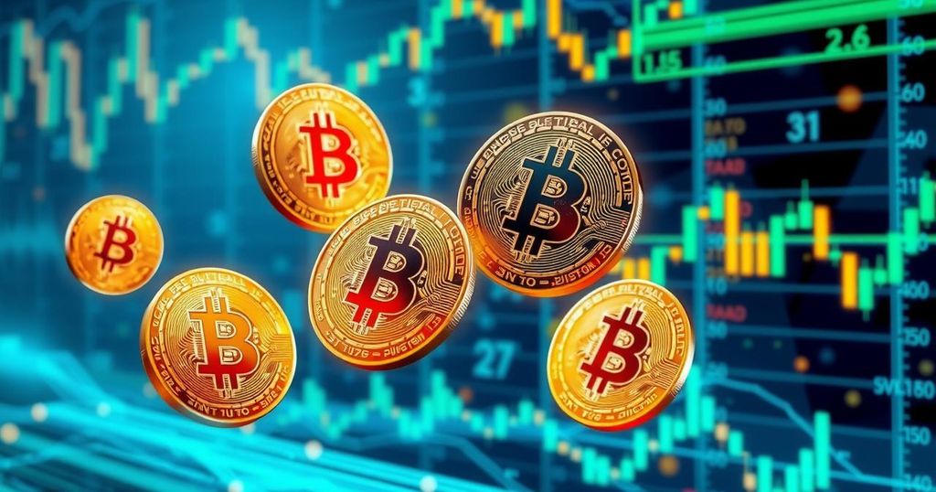 Bitcoin concept with abstract digital coins, financial charts, and futuristic elements in vibrant colours