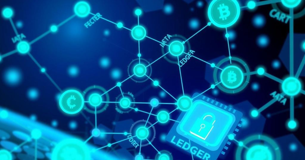Blockchain technology visualized as a digital ledger with interconnected nodes and vibrant colour gradients.