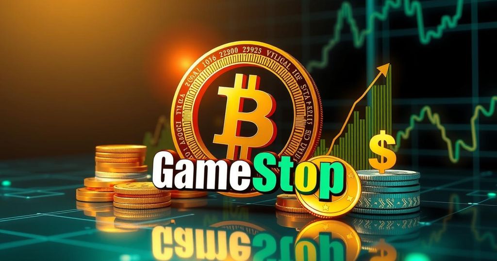 Conceptual image showing Bitcoin and GameStop logos, with financial graphs and currency symbols, in a digital art style.