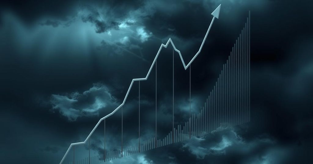 A dramatic downward trend graph representing cryptocurrency market fluctuations against a dark stormy background.
