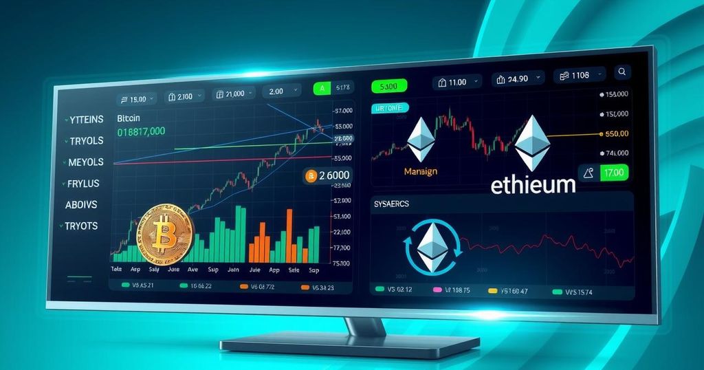 A modern digital crypto trading platform with charts and coins, featuring a cool colour palette and sleek design.