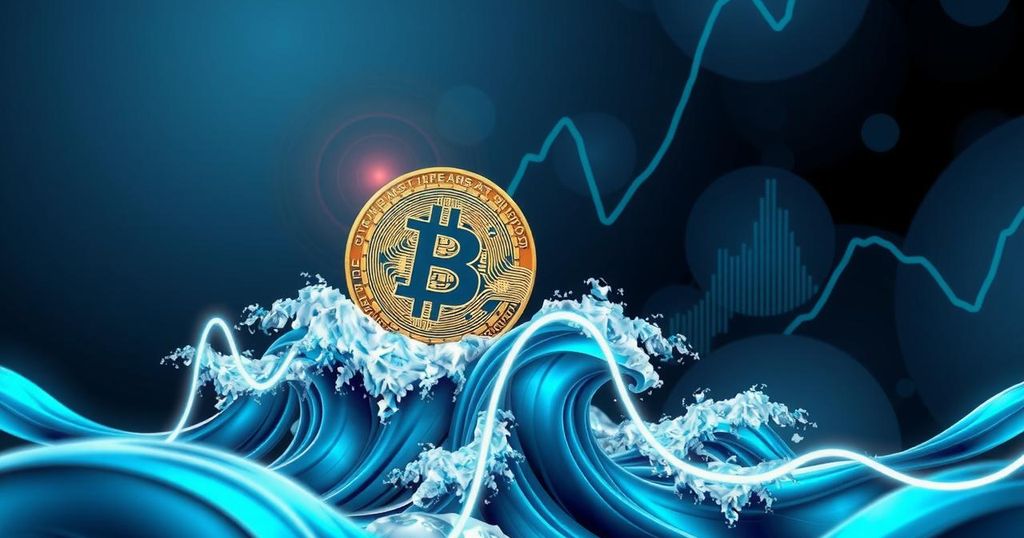 A digital representation of Bitcoin soaring amidst turbulent market waves with a futuristic theme.