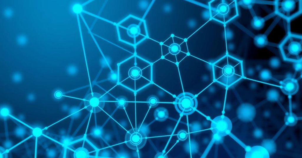 A blockchain network image with nodes and connections, featuring cool blue and grey tones in a tech-inspired style.