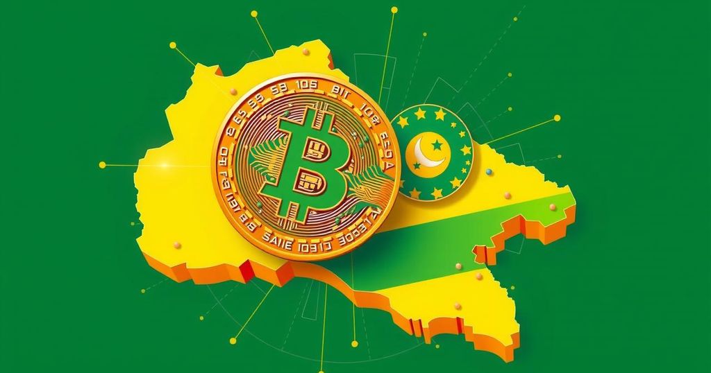 A conceptual illustration of Bitcoin symbol with a Paraguay map backdrop, featuring vibrant green and yellow tones.